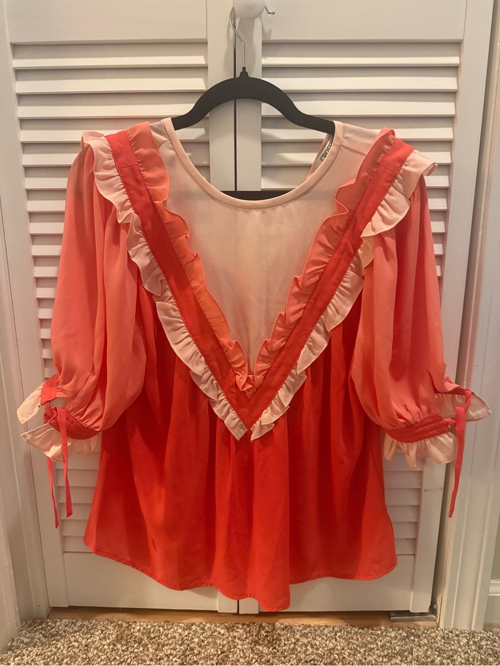 CROSBY by Mollie Burch Coral and Blush Ruffle V-Neck Peasant Blouse